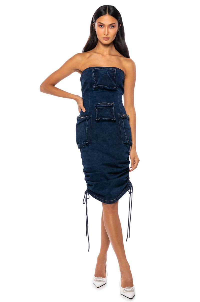 CHARLIE DENIM CARGO STRAPLESS MIDI DRESS