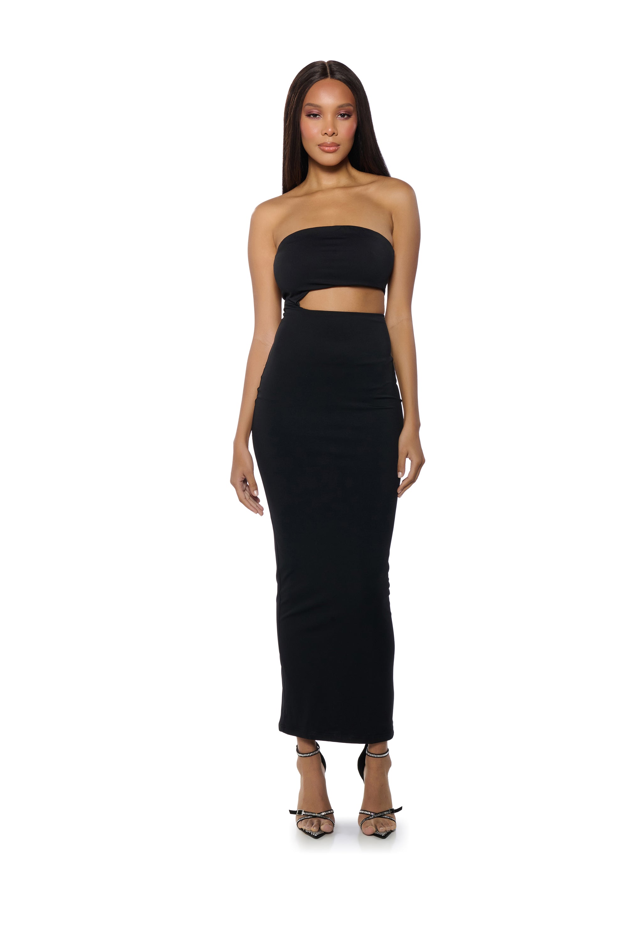 WOKE UP LIKE THIS STRAPLESS CUT OUT MIDI DRESS IN BLACK