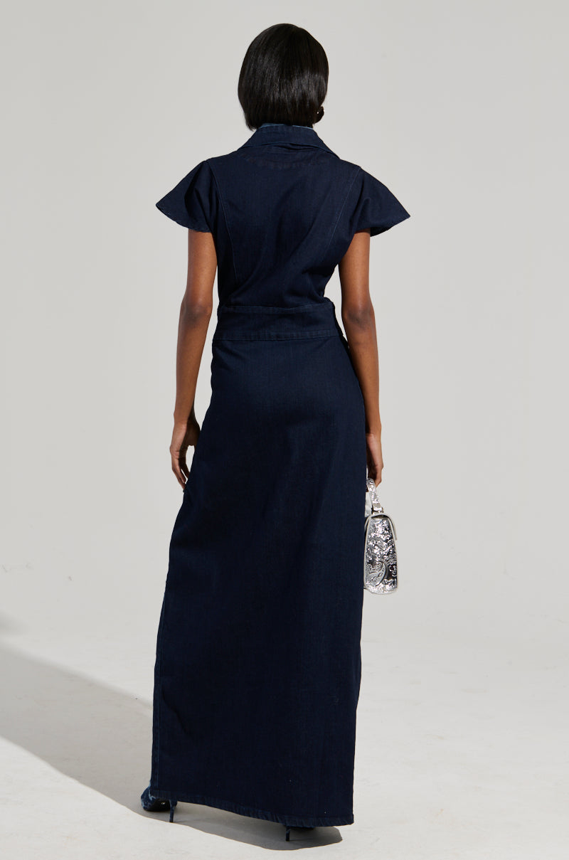 CHELSEA BUTTON SIDE DENIM MAXI DRESS