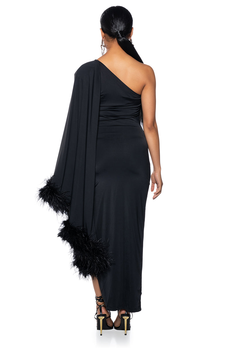 BRING THE DRAMA ONE SLEEVE FEATHER DRESS