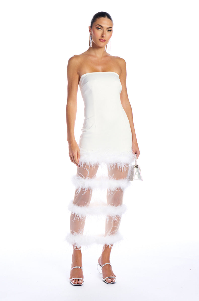 READY TO PARTY FEATHER CUT OUT MIDI DRESS