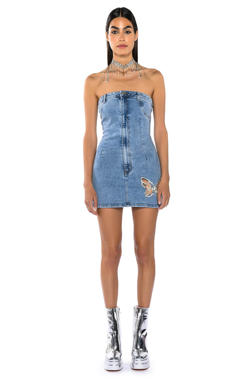 BUTTERFLY KISS EMBELLISHED DENIM MINI TUBE DRESS