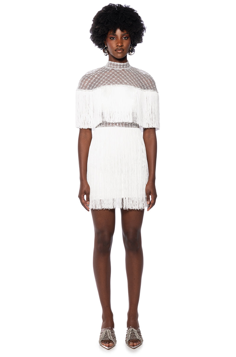 MYLAH FRINGE DETAIL SHORT SLEEVE MINI DRESS IN WHITE