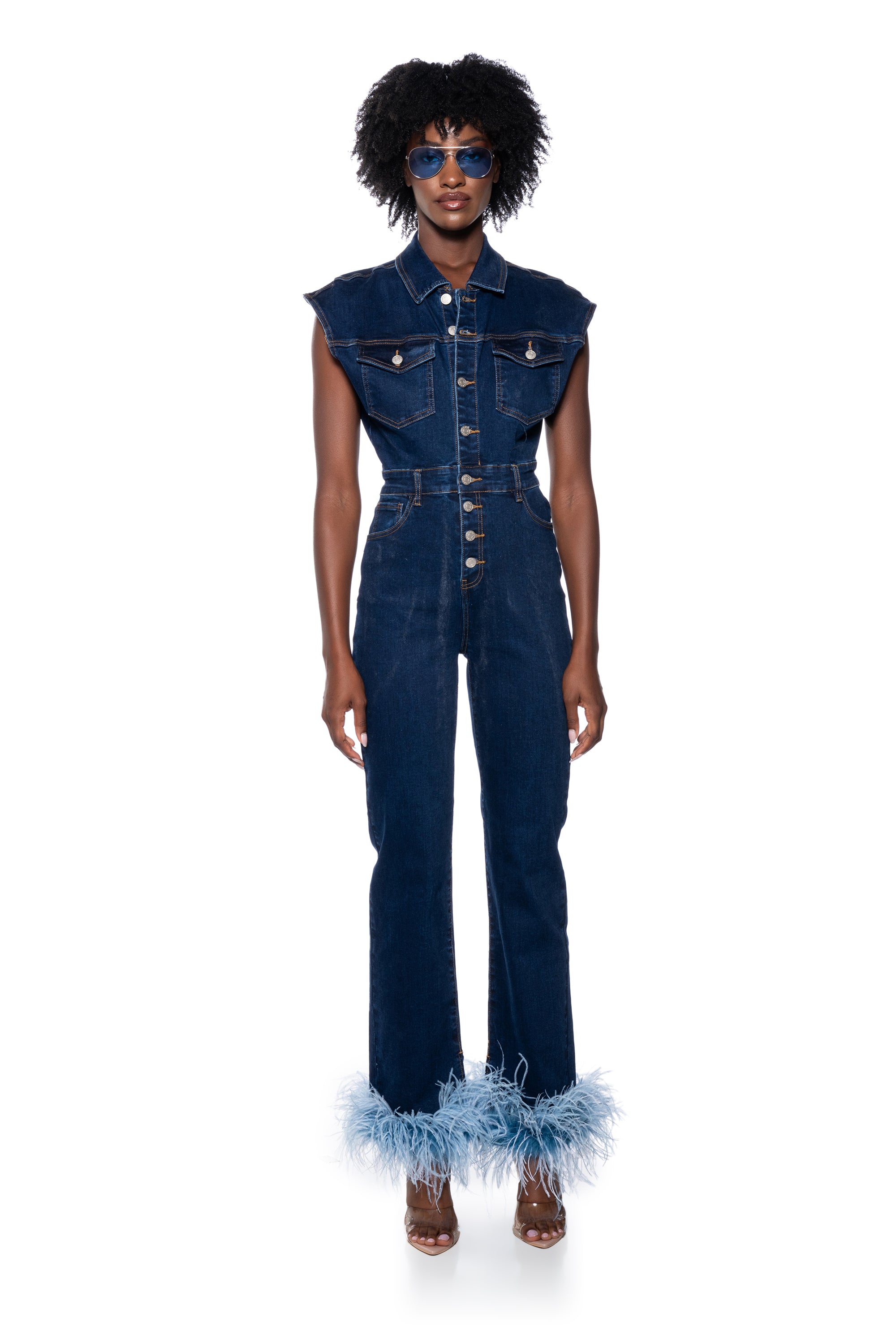 SANDY SLEEVELESS DENIM FEATHER TRIM JUMPSUIT