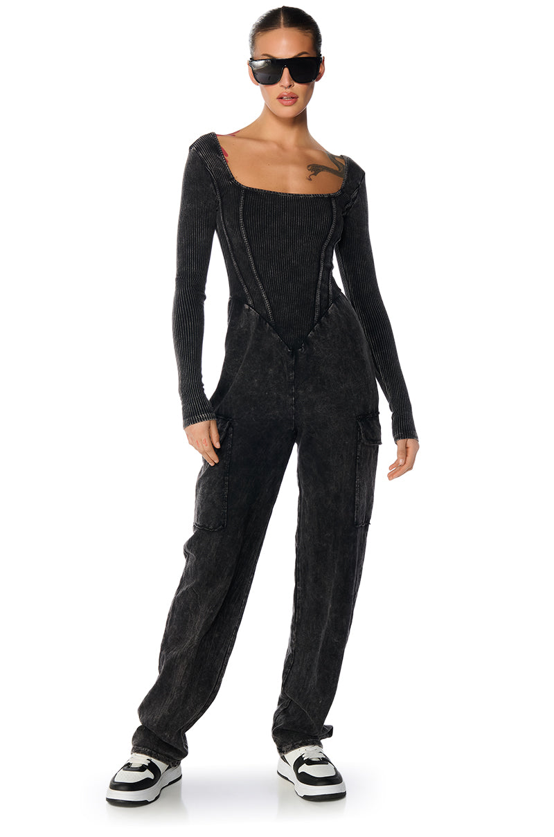 MILLIE MINERAL WASH CARGO JUMPSUIT IN BLACK