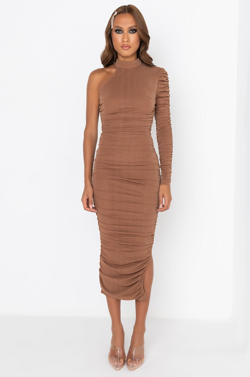 GET IT RIGHT MOCK NECK ONE SLEEVE MIDI DRESS