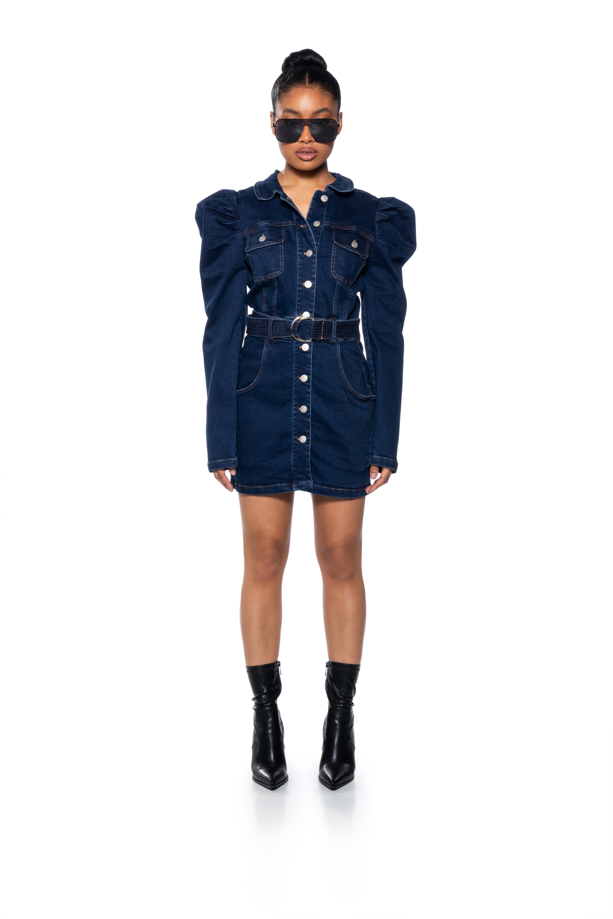 CINCH ME UP LONG SLEEVE DENIM MINI DRESS