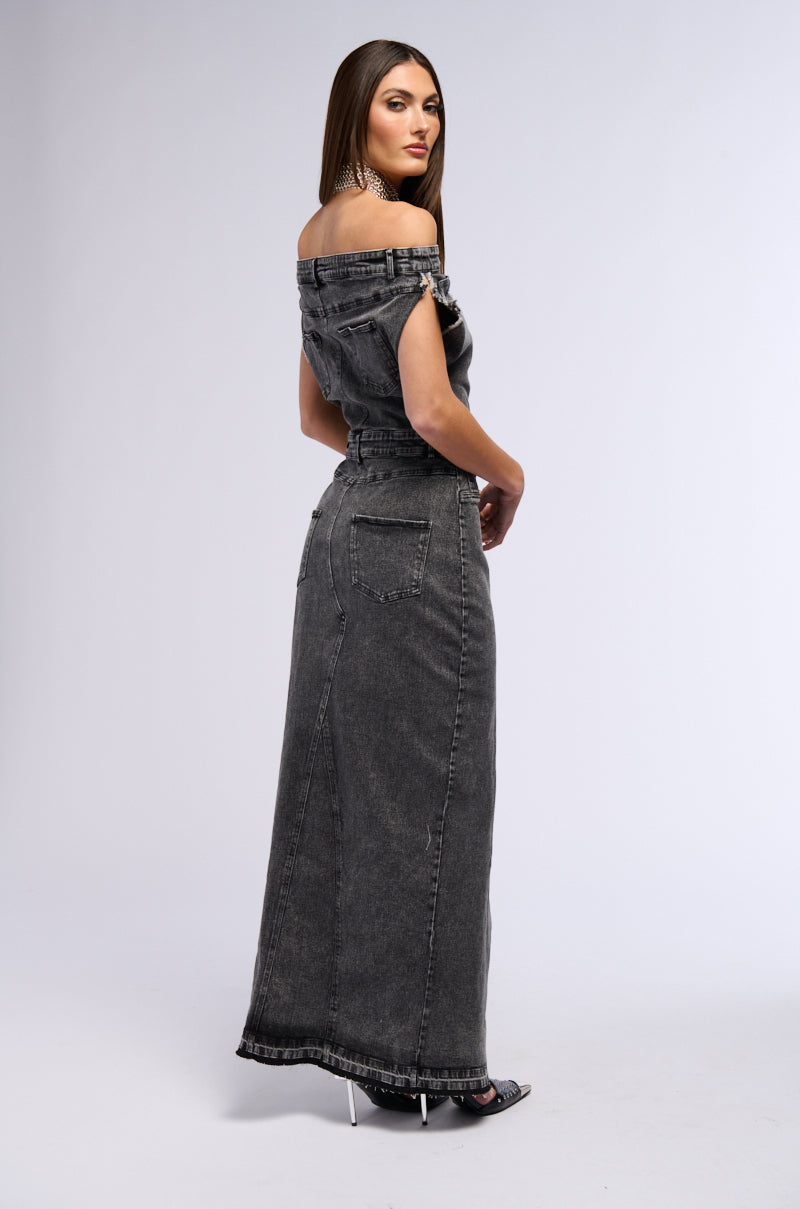 DERRIA OFF THE SHOULDER DENIM MAXI DRESS