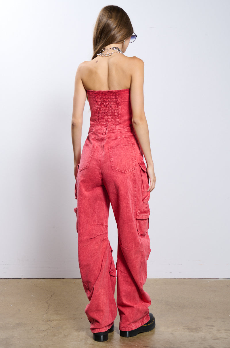 NO ONE LIKE ME CARGO DENIM JUMPSUIT IN RED