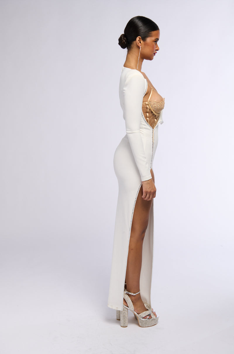 LEADER OF THE PACK LONG SLEEVE HIGH SLIT GOWN IN WHITE