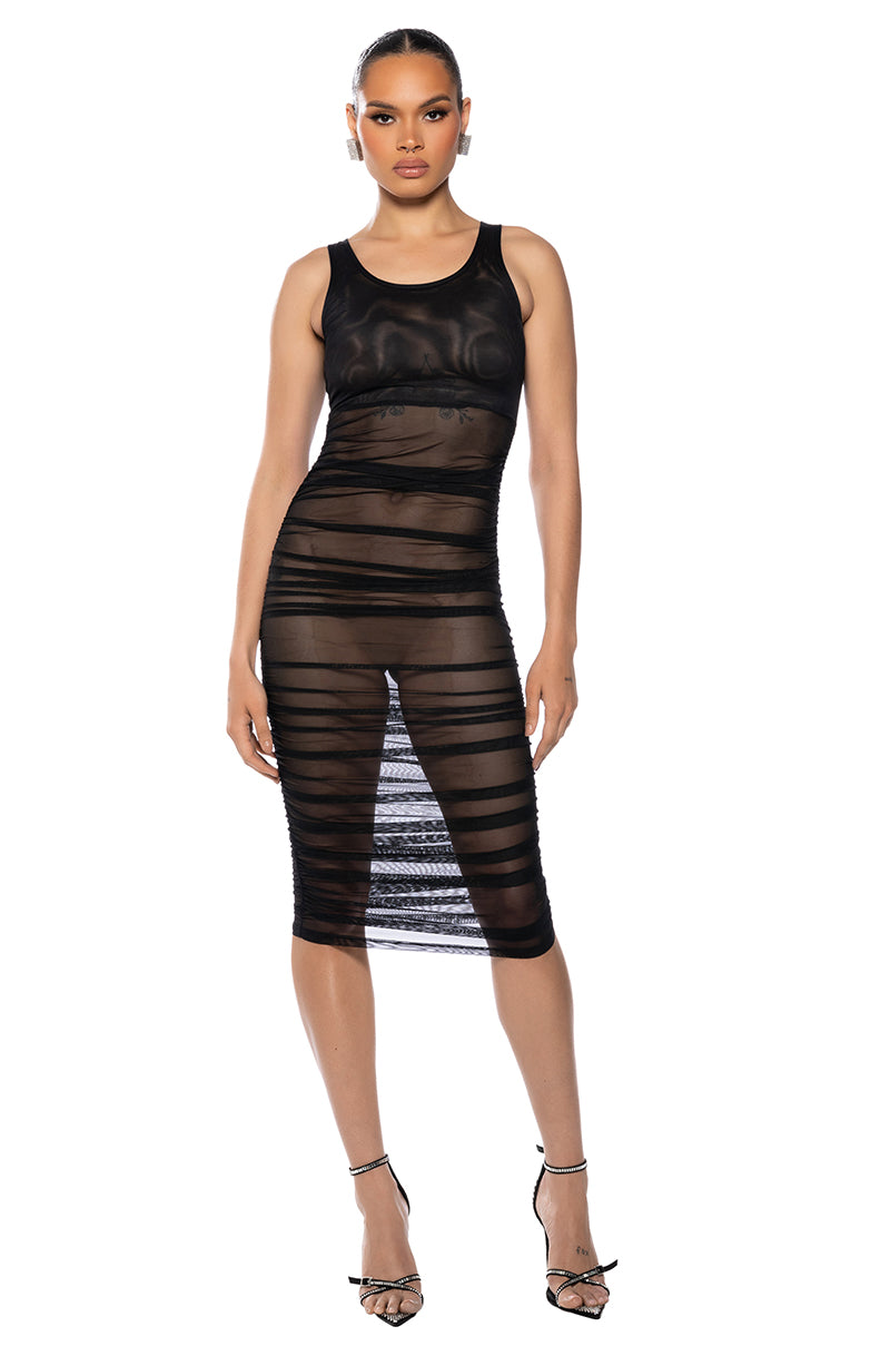 ECHO MESH RUCHED SLEEVELESS MIDI DRESS IN BLACK