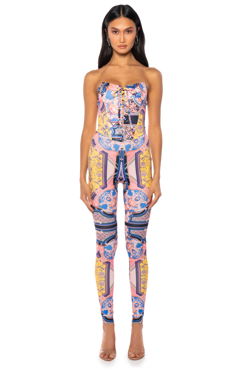 UNMATCHED PATTERNED CORSET JUMPSUIT