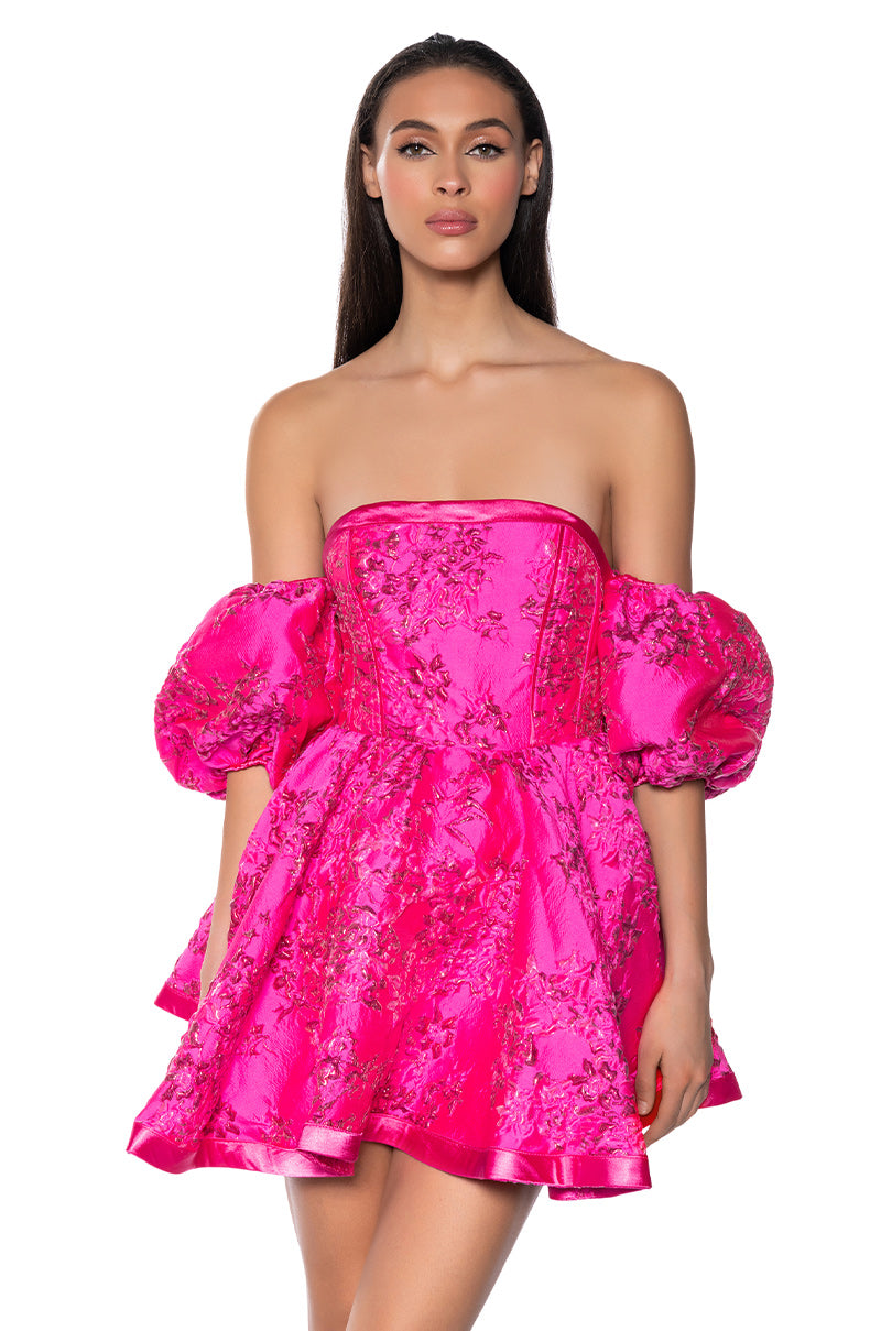 PRETTY IN PINK BROCADE MINI DRESS