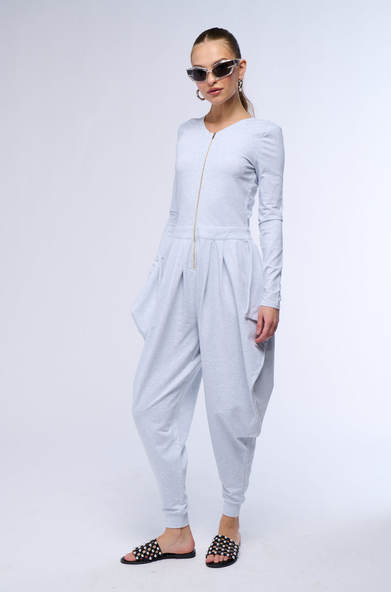 CATCH FLIGHTS NOT FEELINGS FRONT ZIP KNIT JUMPSUIT