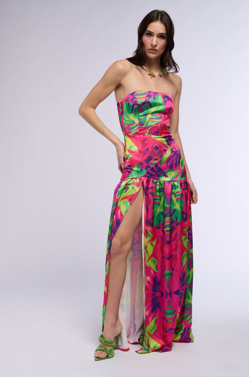 TROPICAL GETAWAY SATIN PRINTED MAXI DRESS