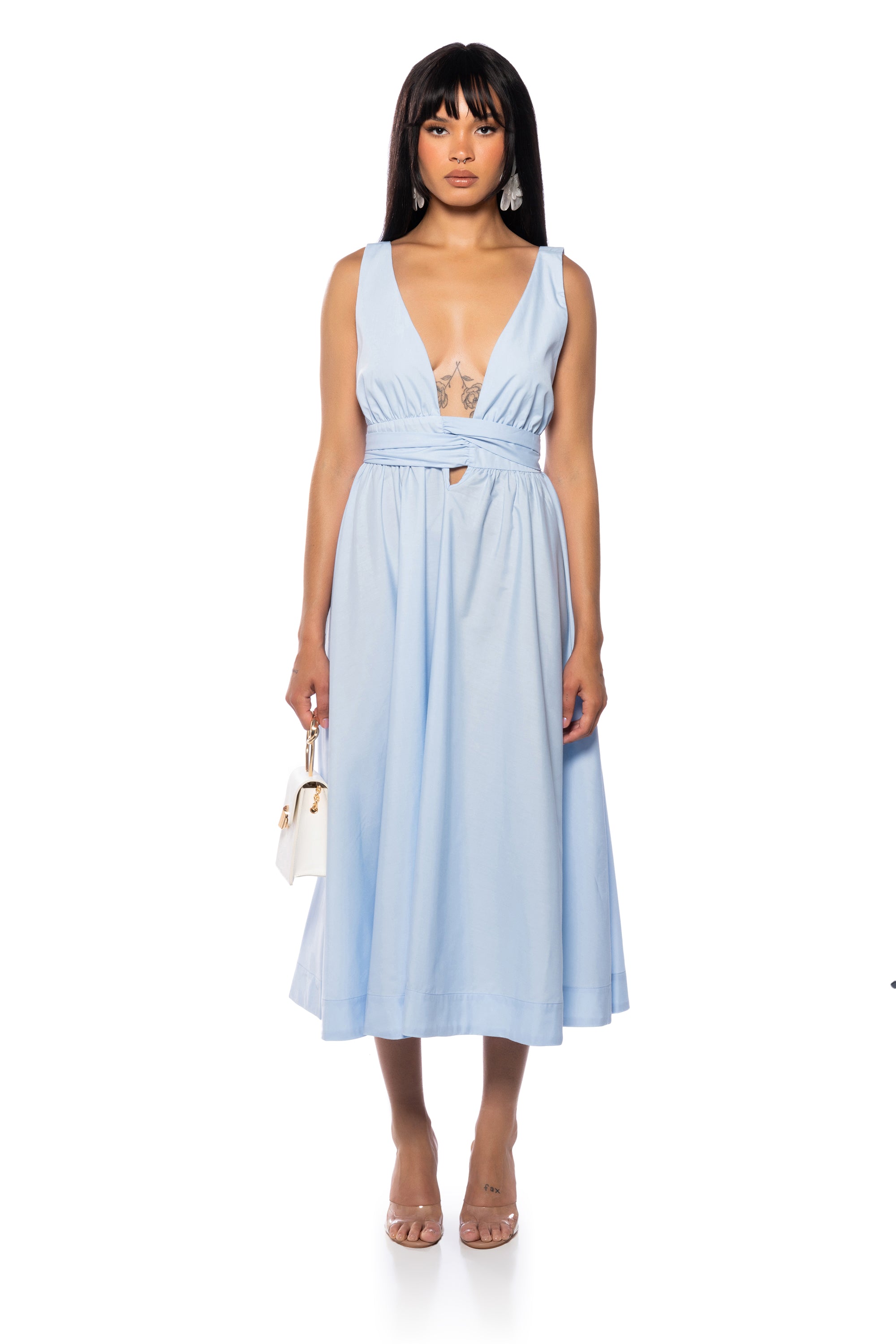 CAIDEN TIE FRONT MIDI DRESS IN BLUE