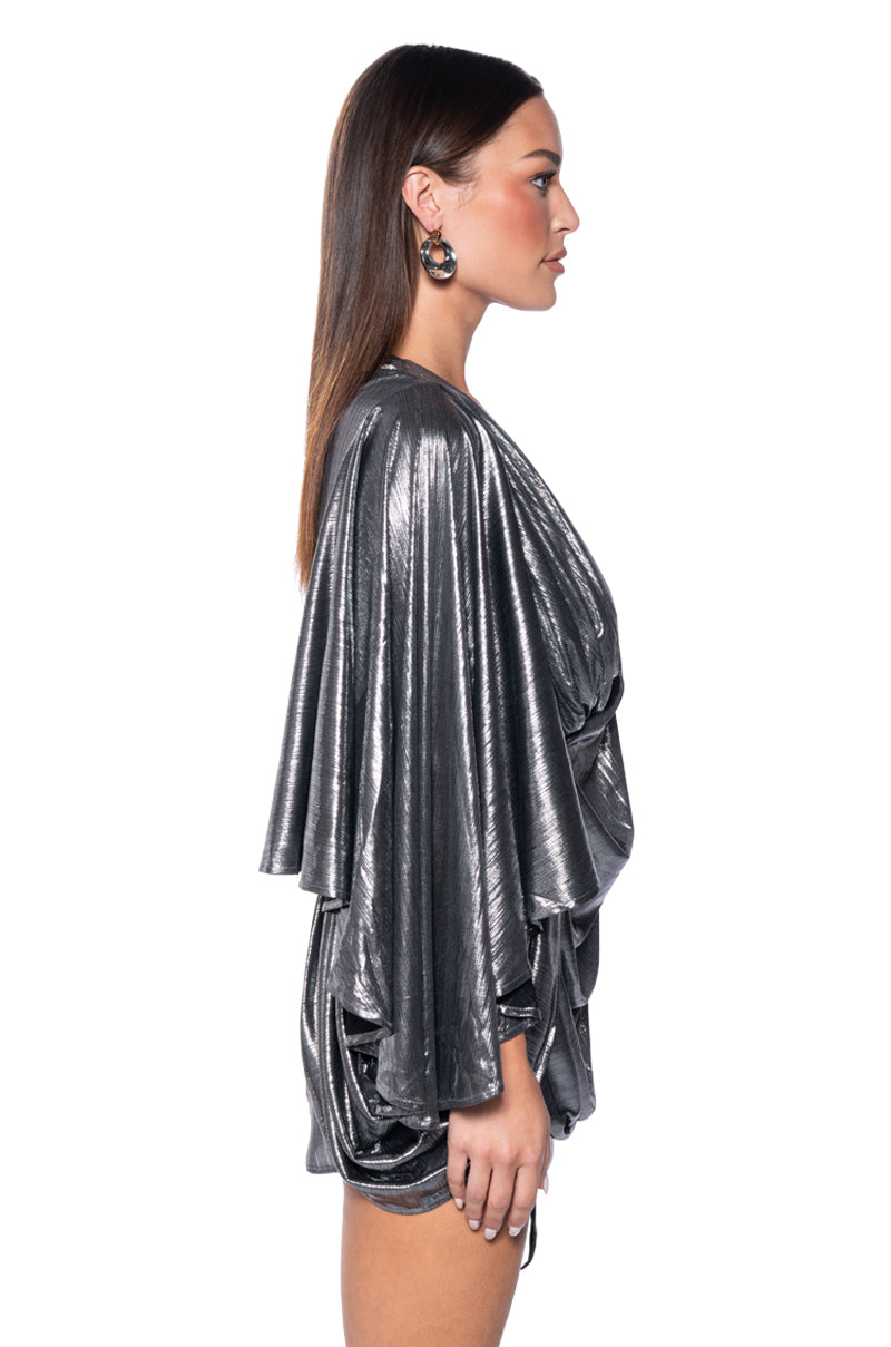 FANTASY DRAPED METALLIC MINI DRESS IN SILVER