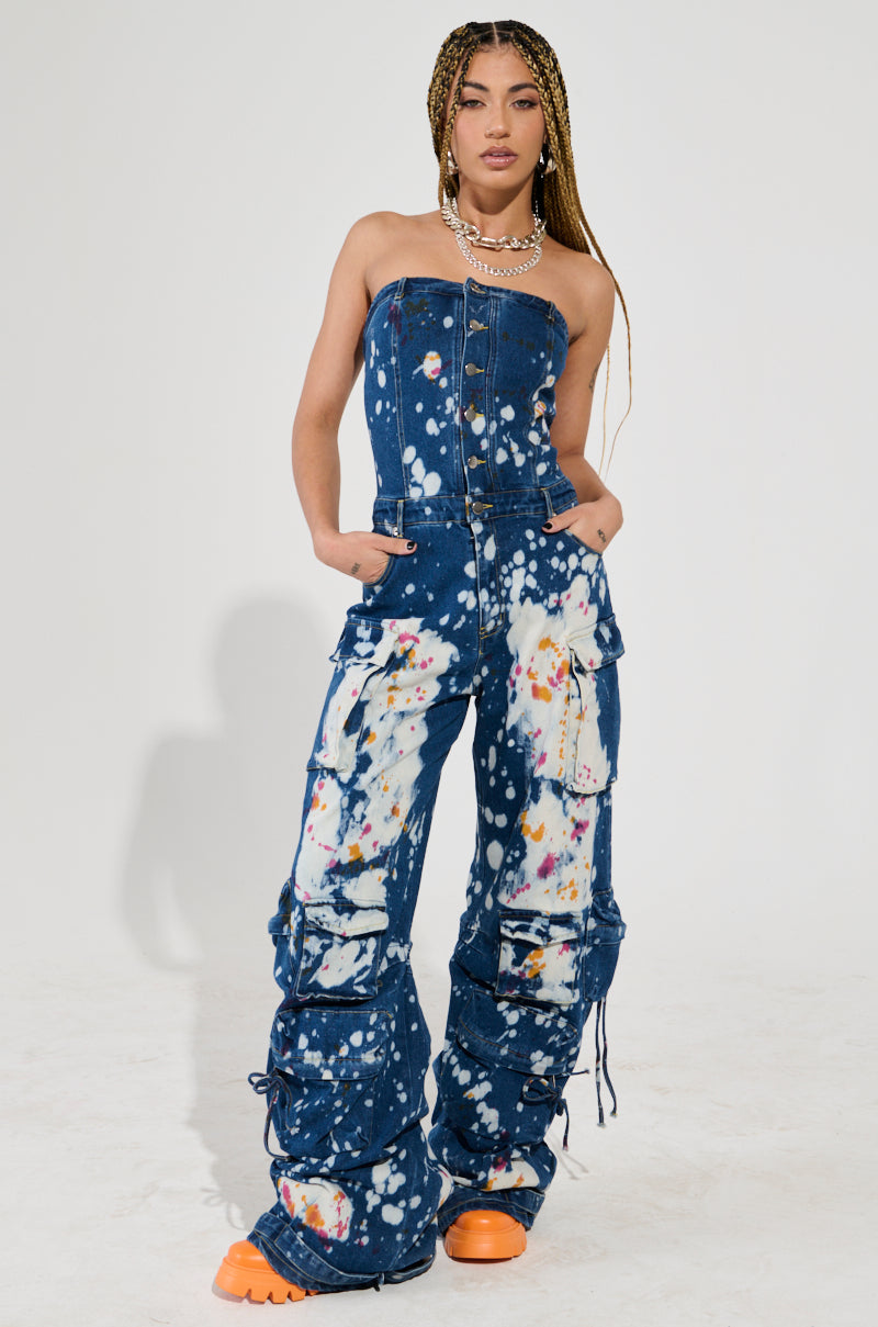 LAURYN STRAPLESS CARGO SPLATTERED DENIM JUMPSUIT