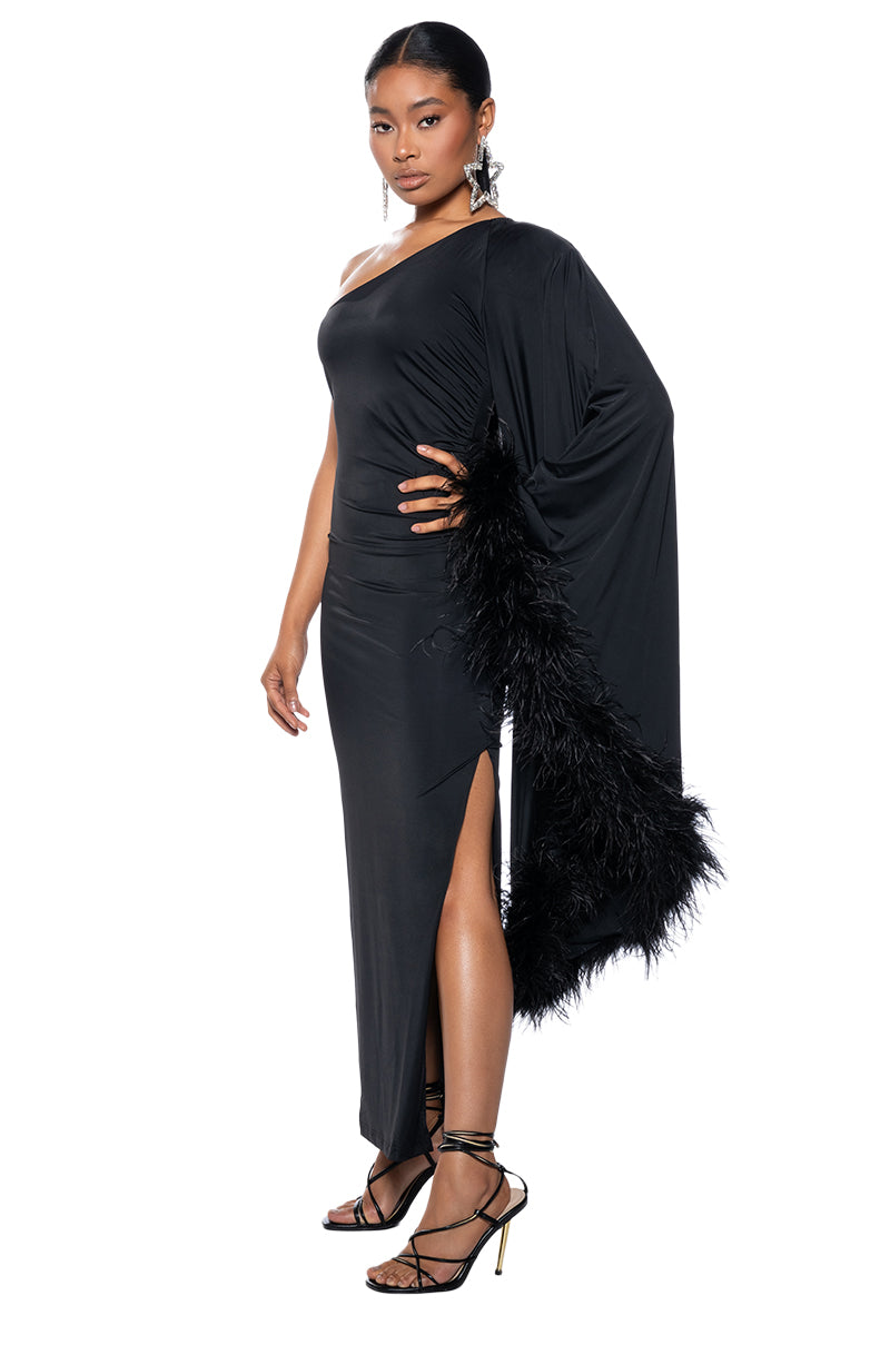 BRING THE DRAMA ONE SLEEVE FEATHER DRESS