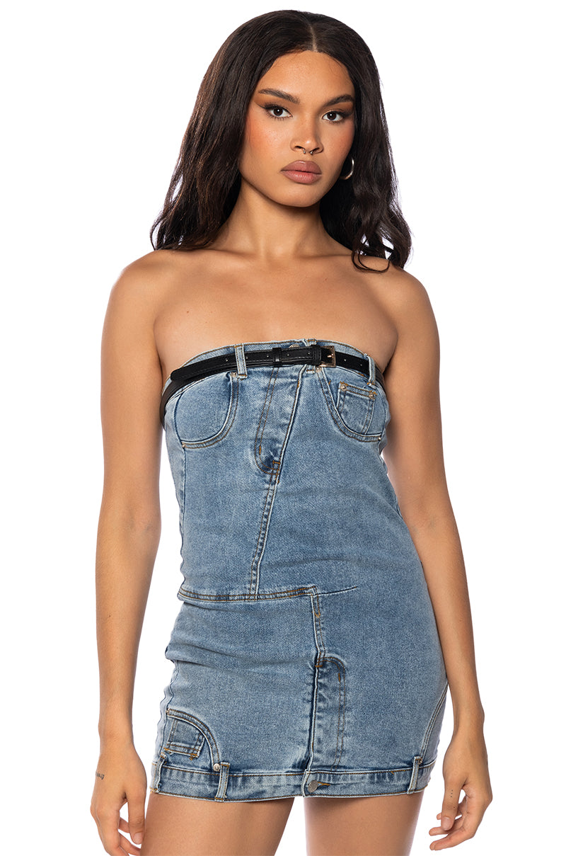 SEEING DOUBLE STRAPLESS DENIM MINI DRESS