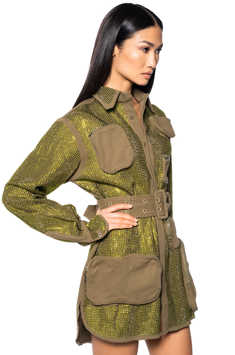 BLINGED OUT CARGO MINI DRESS