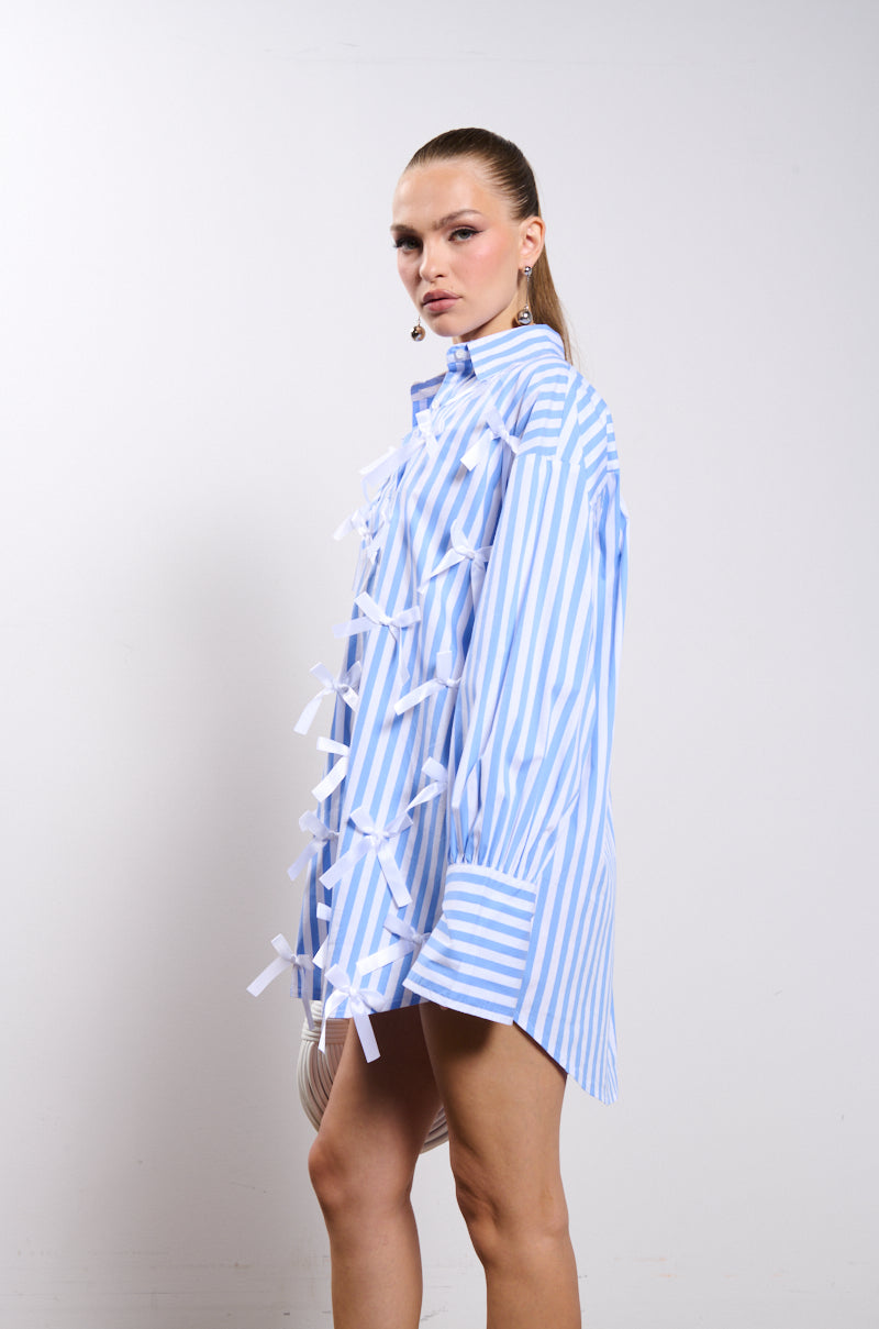 BOWS STRIPED POPLIN SHIRT DRESS