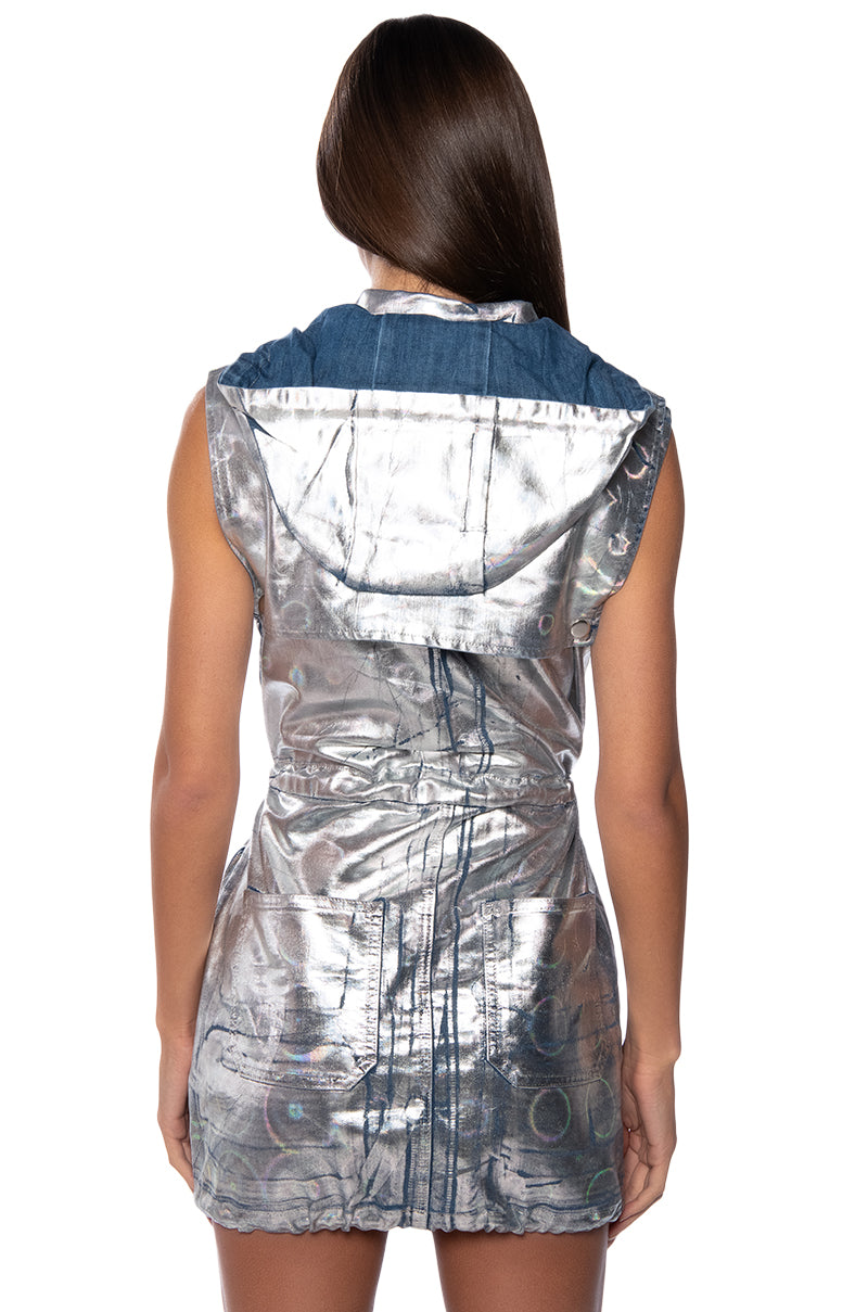 QUASAR FOIL EFFECT DENIM HOODIE MINI DRESS