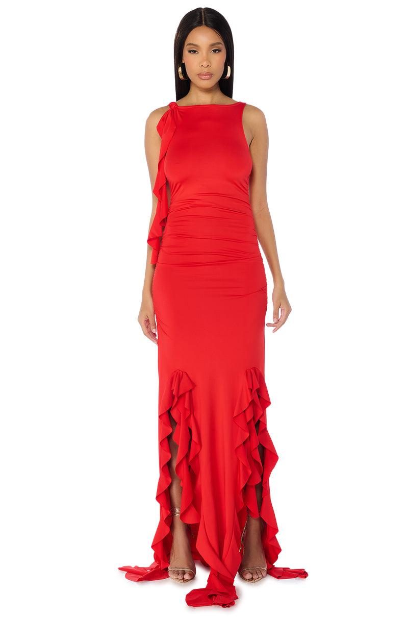 ITS A PARTY RUFFLED MAXI DRESS IN RED