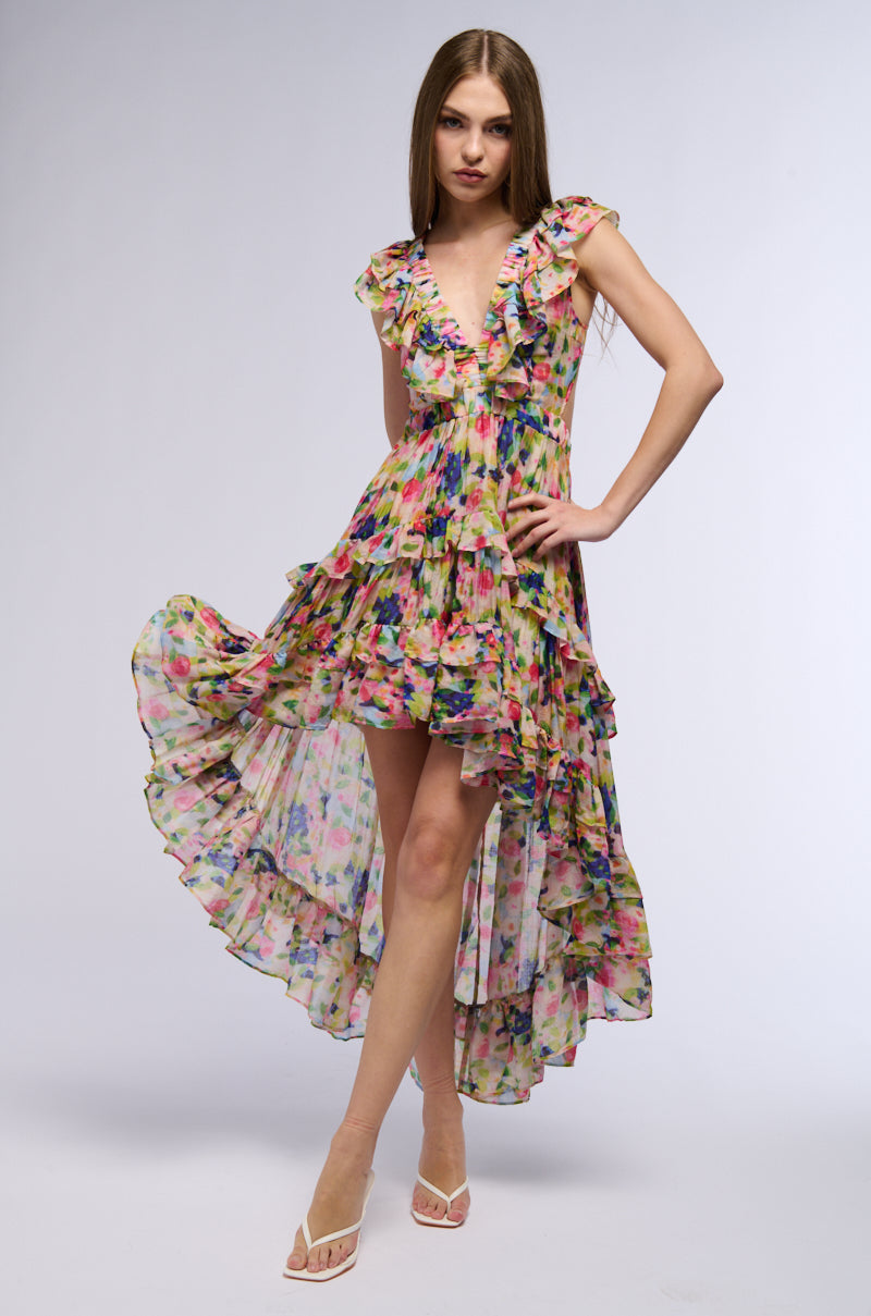 A WORK OF ART PRINTED HIGH LOW MINI DRESS