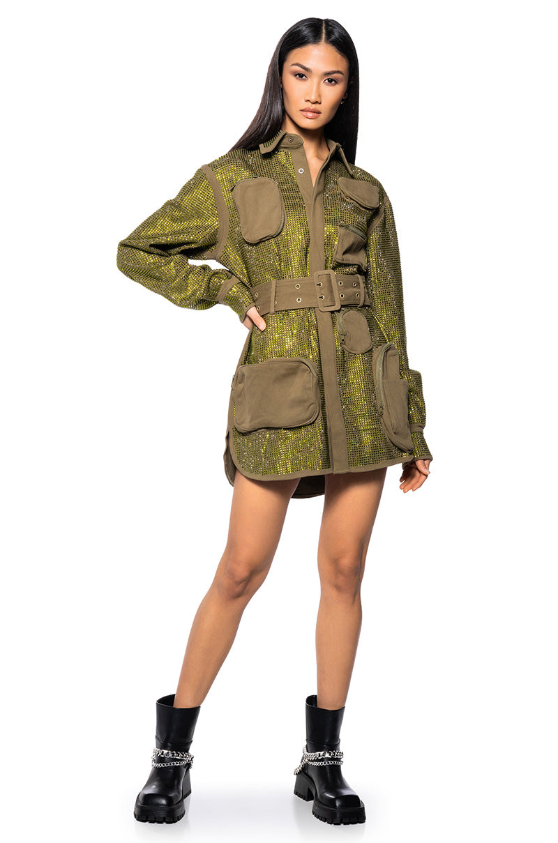 BLINGED OUT CARGO MINI DRESS