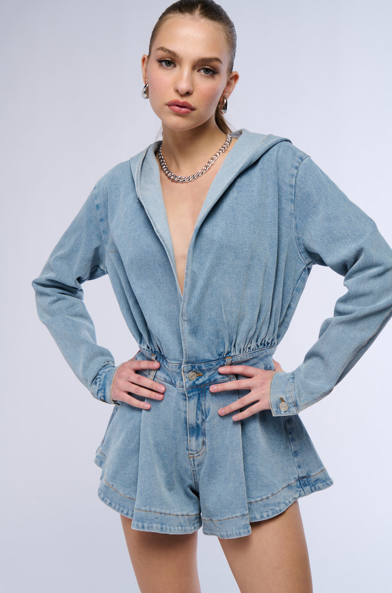 CHILL MORNING HOODED DENIM ROMPER