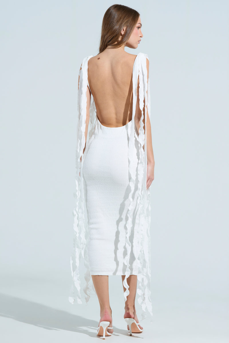 GET LIKE ME BACKLESS MIDI DRESS IN IVORY