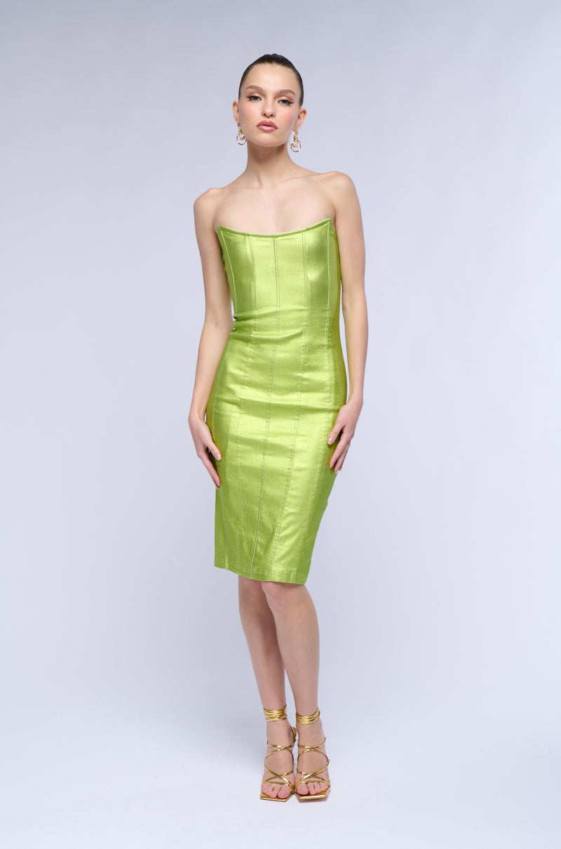 MEET ME IN THE METALLICS MIDI DRESS IN LIME