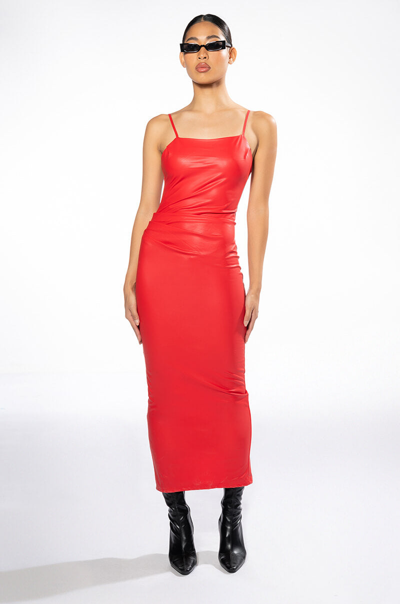 UP TO NO GOOD SLEEVELESS FAUX LEATHER MIDI DRESS