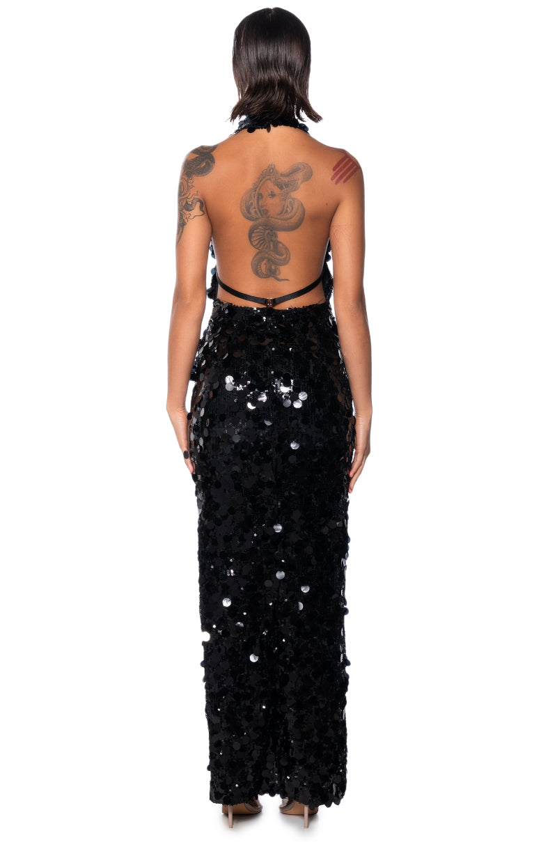 TURNING HEADS SEQUIN HALTER MAXI DRESS