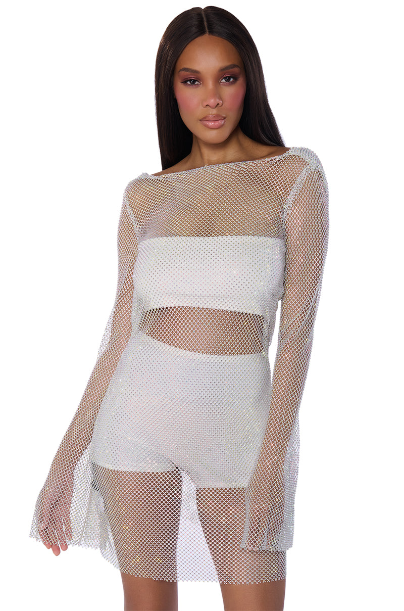 SHES ALL THAT RHINESTONE MESH MINI DRESS IN WHITE