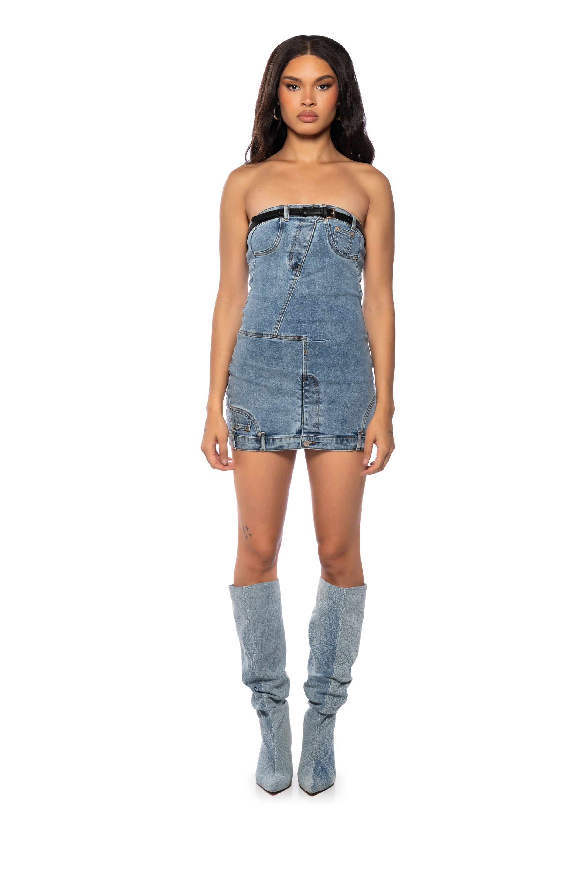 SEEING DOUBLE STRAPLESS DENIM MINI DRESS