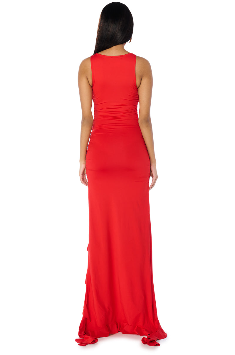 ITS A PARTY RUFFLED MAXI DRESS IN RED