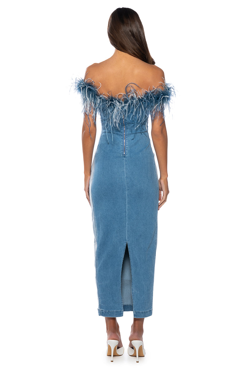 HIT THE TOWN FEATHER TRIM DENIM MAXI DRESS