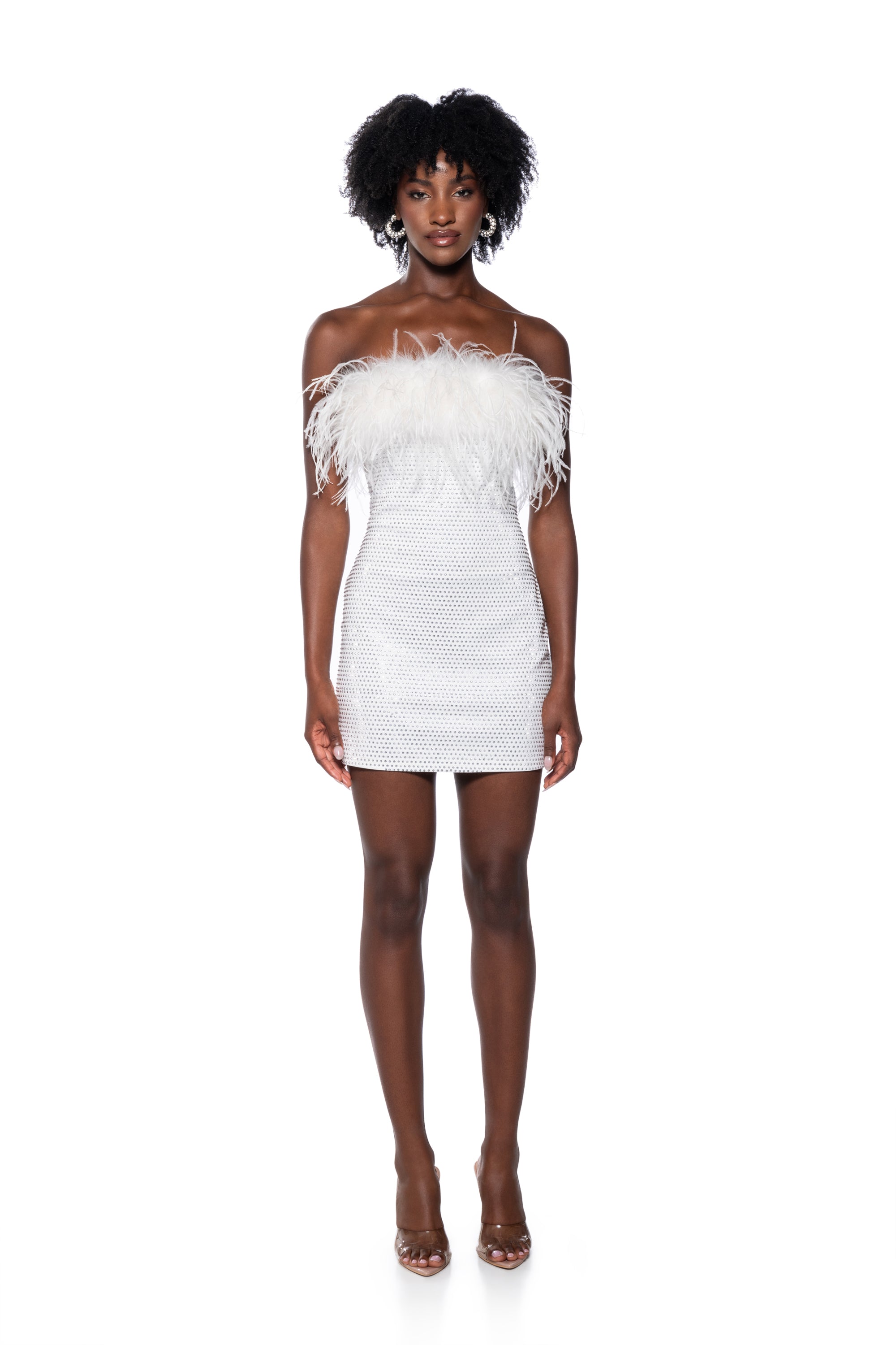 AMI FEATHER DETAILED STRAPLESS MINI DRESS