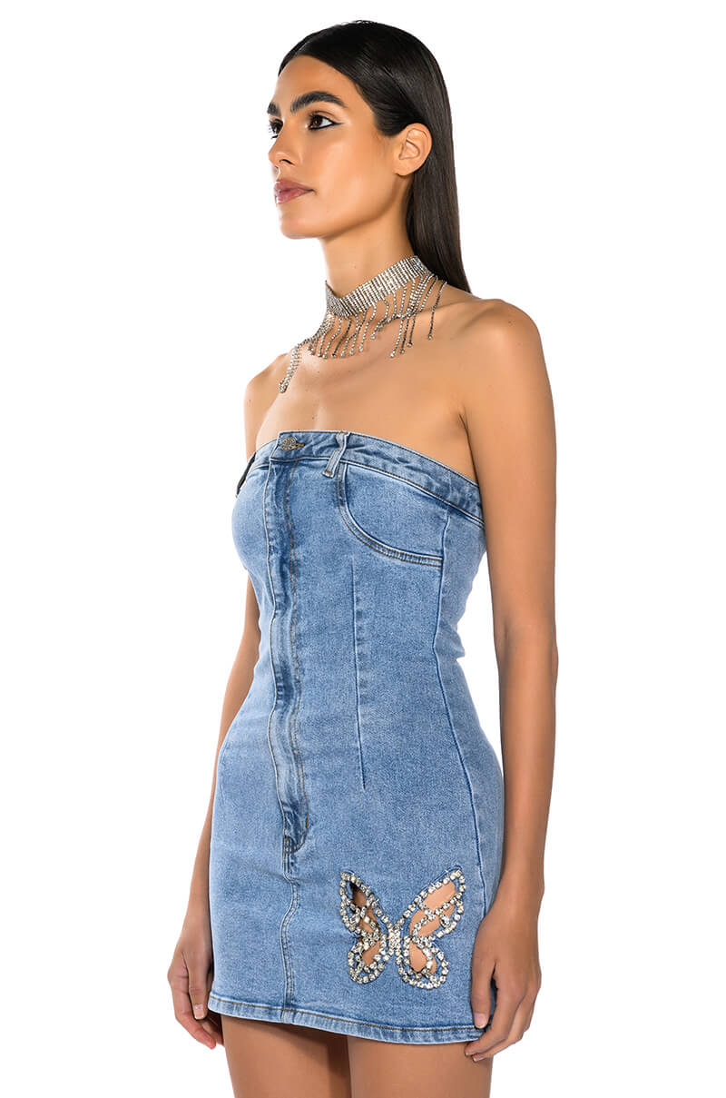 BUTTERFLY KISS EMBELLISHED DENIM MINI TUBE DRESS