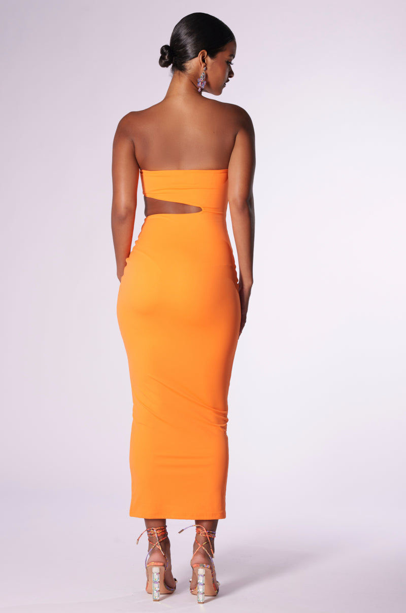 WOKE UP LIKE THIS STRAPLESS CUT OUT MIDI DRESS