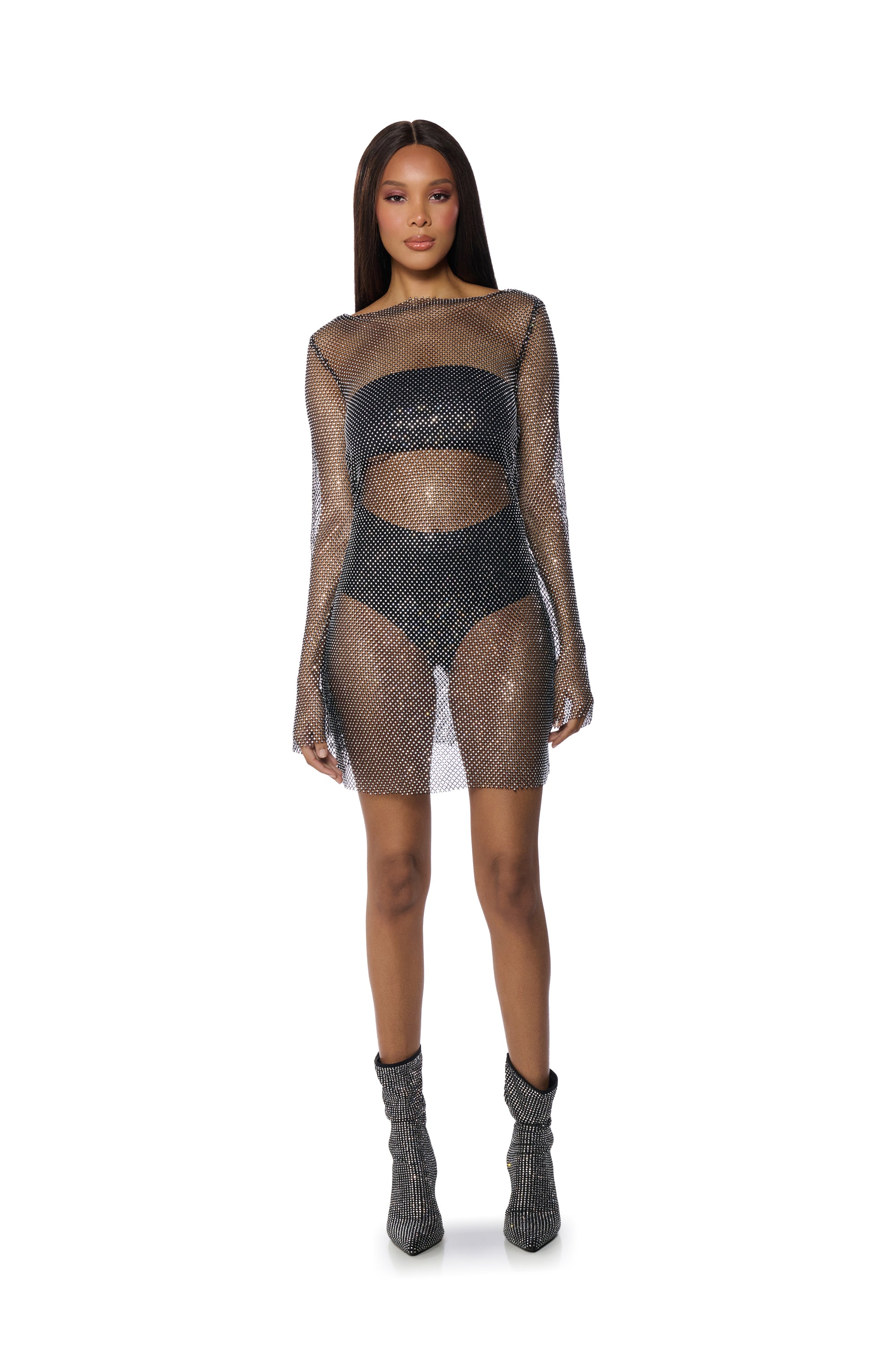 SHE ALL THAT RHINESTONE MESH MINI DRESS IN BLACK