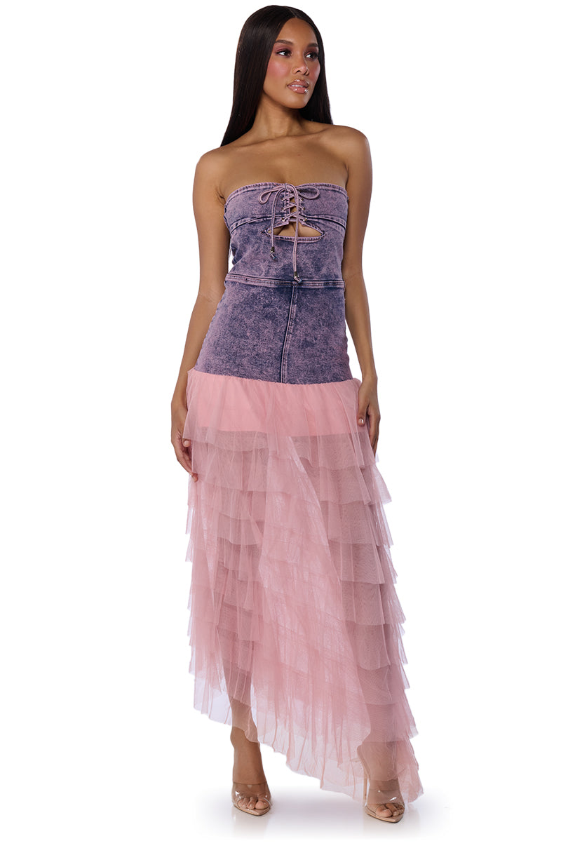 SHARPAY RUFFLE DENIM MAXI DRESS