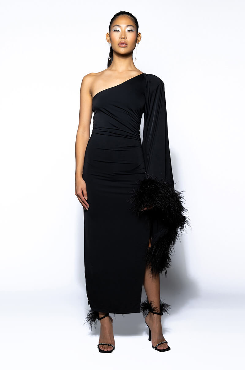 BRING THE DRAMA ONE SLEEVE FEATHER DRESS