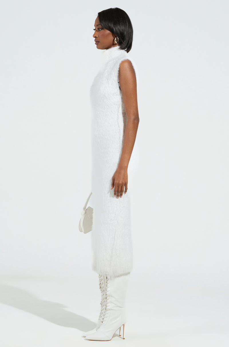 KYLIE FUZZY MIDI DRESS IN WHITE