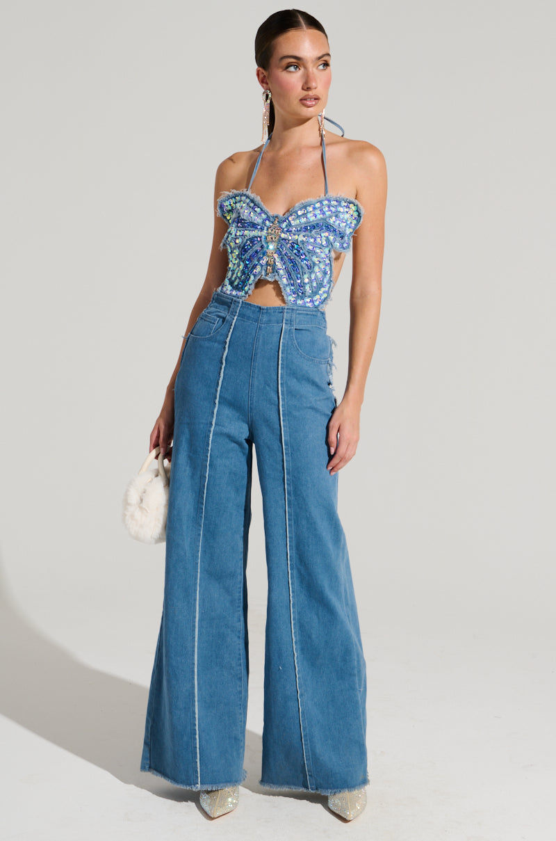 SPREAD YOUR WINGS DENIM BUTTERFLY JUMPSUIT