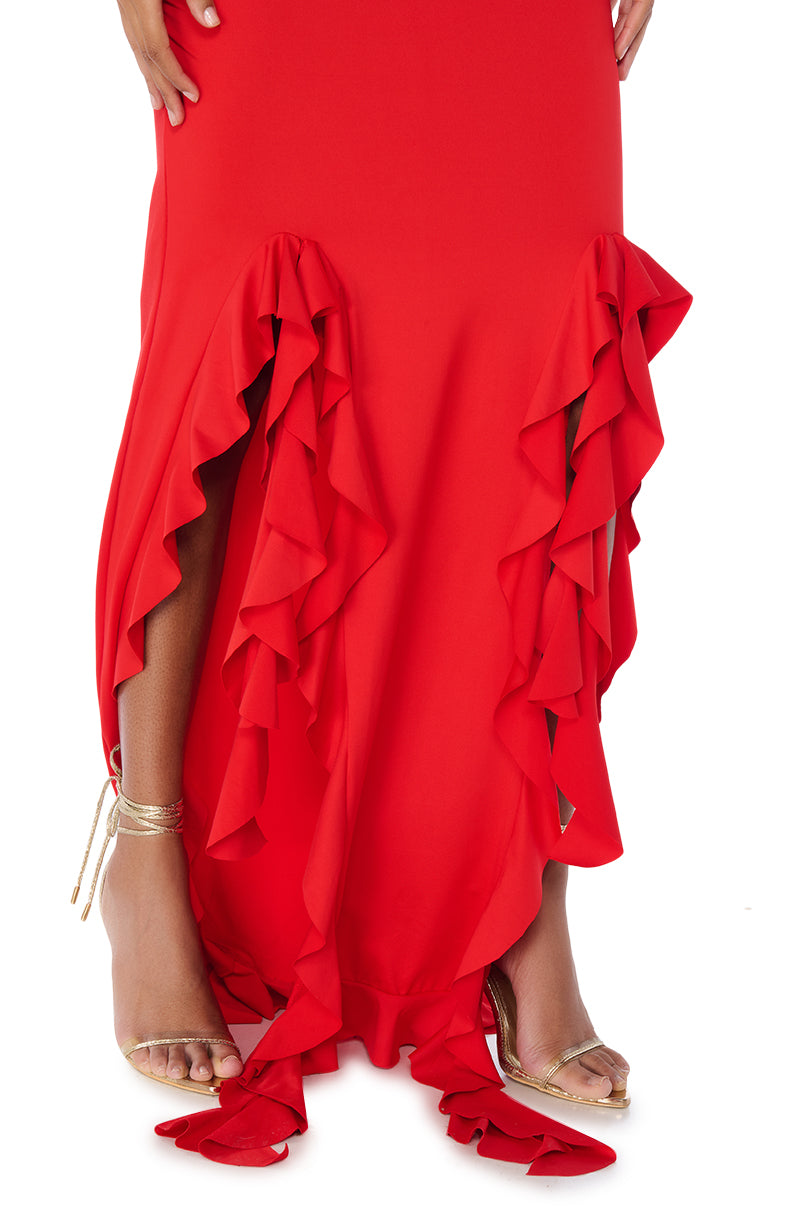 ITS A PARTY RUFFLED MAXI DRESS IN RED