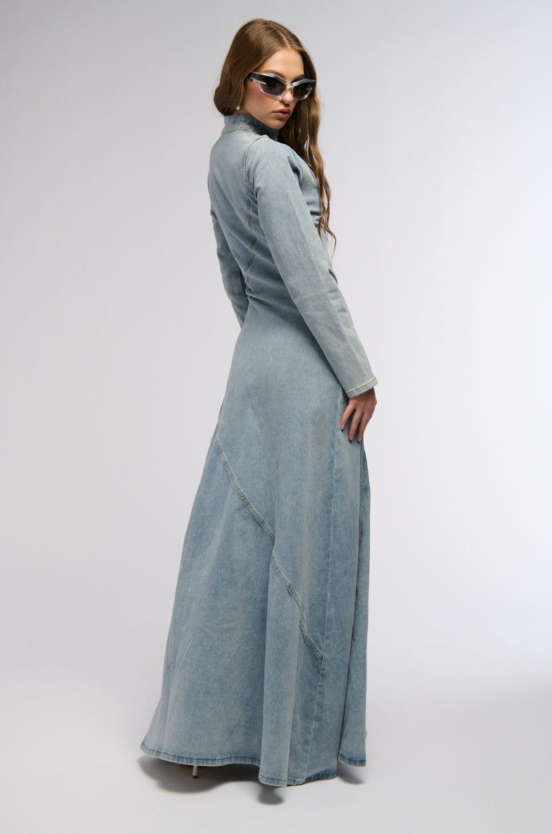 ON THE EDGE DISTRESSED DENIM MAXI DRESS