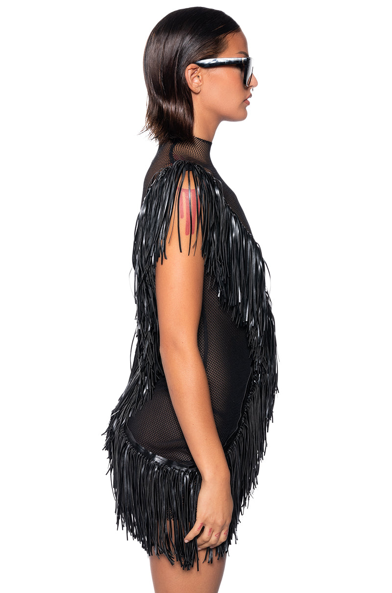 SHAKE YOUR TAIL FEATHERS FRINGE MESH MINI DRESS